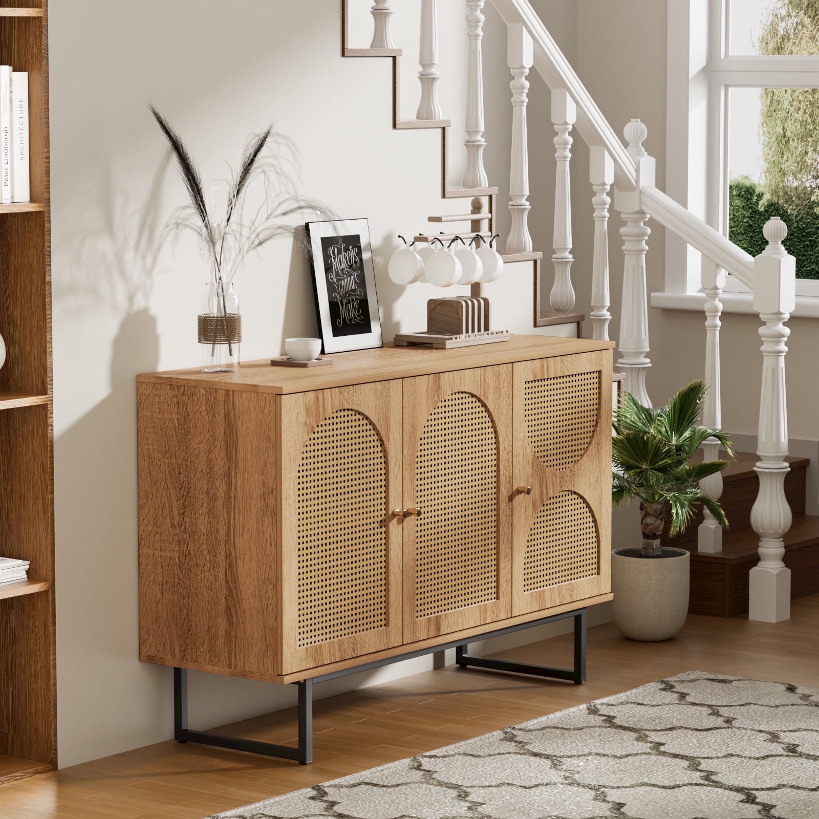 Veanerwood Sideboard Buffet Cabinet with Rattan Doors, Sideboard Cabinet for Living Room, Hallway, Entryway 3 doors, Natural