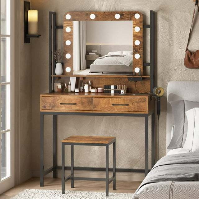 VEANERWOOD Modern Vanity Set with Adjustable Lights, Makeup Table with 2 Drawers for Bedroom, White