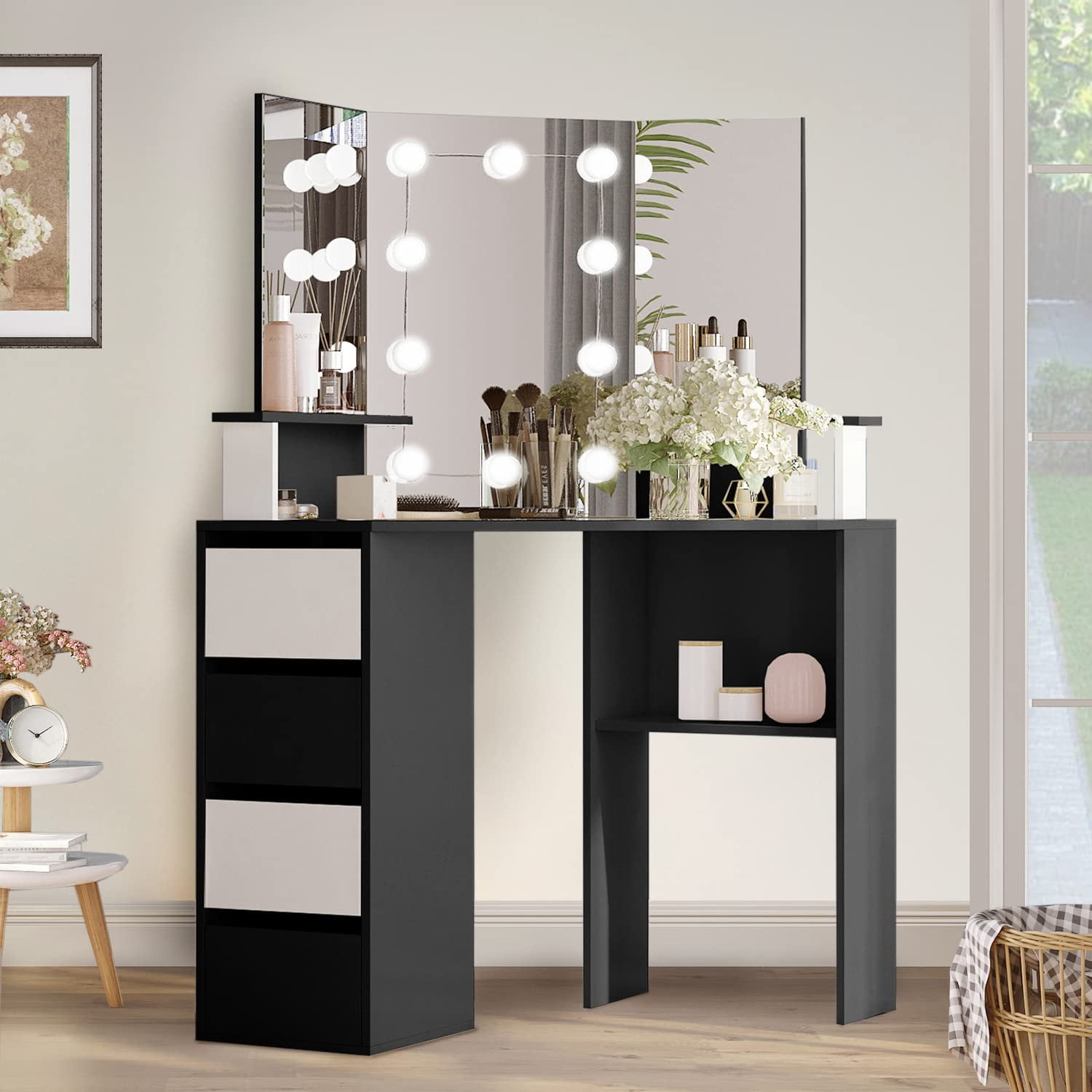 Veanerwood Corner Vanity Desk with Lighted Mirror & Charging Station,Black Makeup Vanity Table with Lights,42 inch Corner Vanity Mirror with Lights and 4 Drawer, 3 Lighting Modes, Brightness Adjustable White