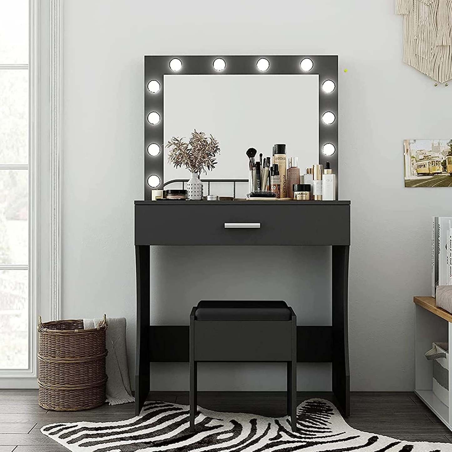 VEANERWOOD Vanity Table Set with Lighted Mirror - Makeup Vanity with Lights, Adjustable Brightness, Large Drawer Sturdy Wood Vanity, White