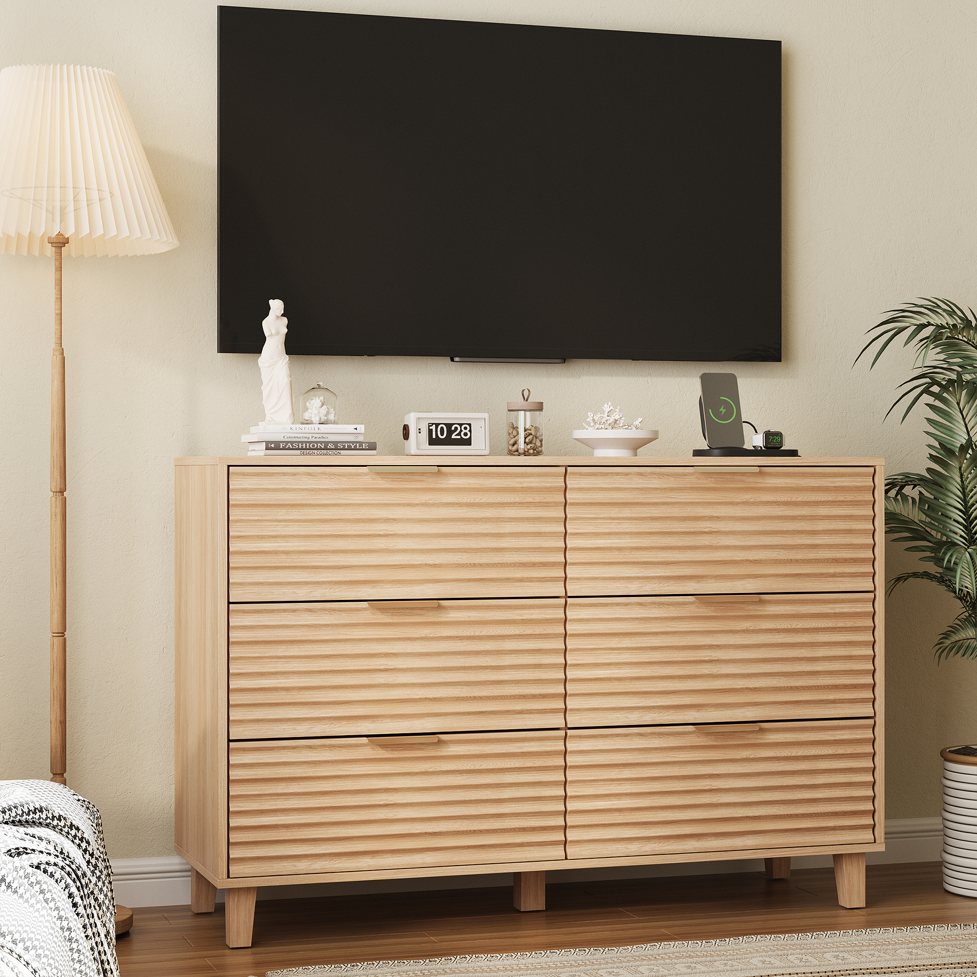 Vabches Chest of Drawer, 6 Double Drawer Dresser for Bedroom, Modern Fluted Storage Cabinet for Living Room, Natural