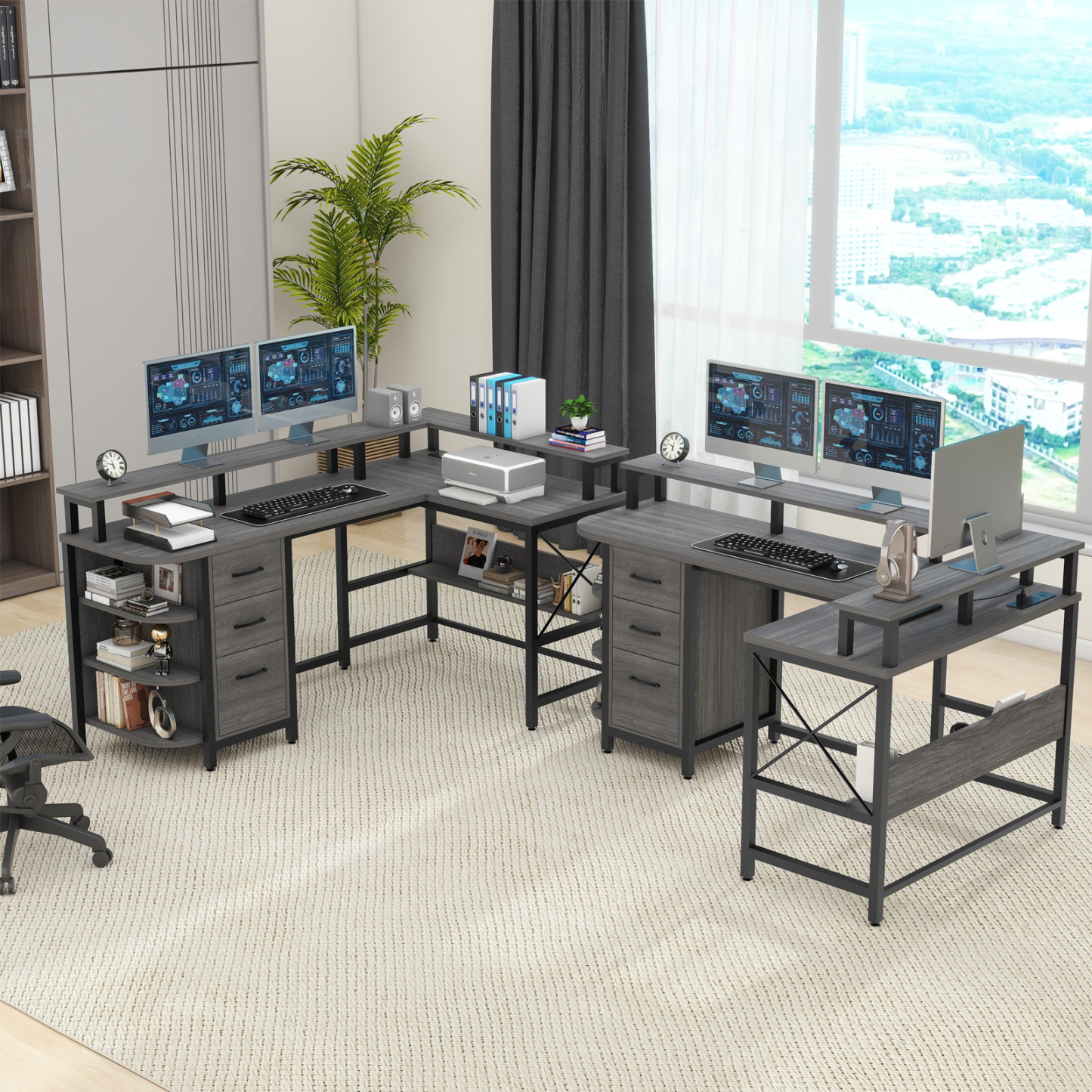 Vabches 67" L Shaped Computer Desk with LED Lights and Power Outlets, Reversible L Shaped Gaming Desk with 3 Drawers Hutch for Adolescents and adults