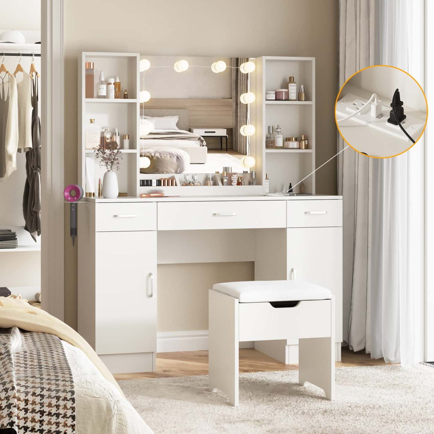 Veanerwood Large Makeup Vanity with Lights, Bedroom Vanity Table with Charging Station, Modern Dressing Table, 45.2in, White