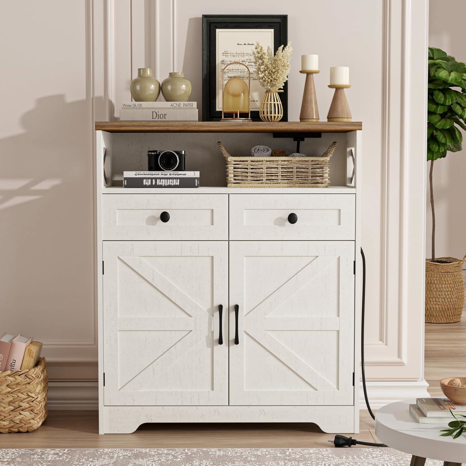 Farmhouse Storage Cabinet with Charge Station & Open Shelf,Coffee Bar Station Table with Adjustable Shelves and Barn Doors for Kitchen Dining Room,Rustic Grey