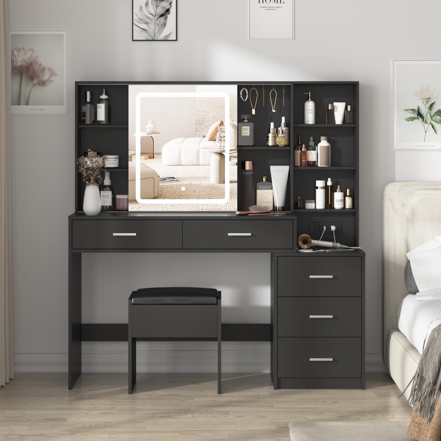 VEANERWOOD Large Vanity Set with Lights and Sliding Mirror Makeup Vanity Table with 5 Drawers Storage and Charging Station, White