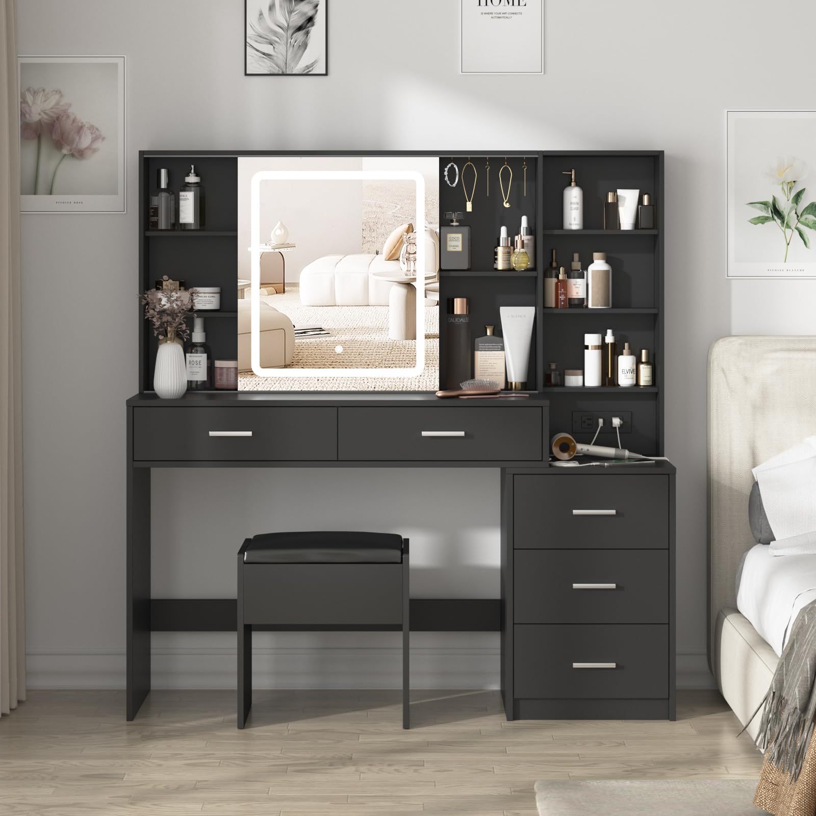 VEANERWOOD Large Vanity Set with Lights and Sliding Mirror Makeup Vanity Table with 5 Drawers Storage and Charging Station, White