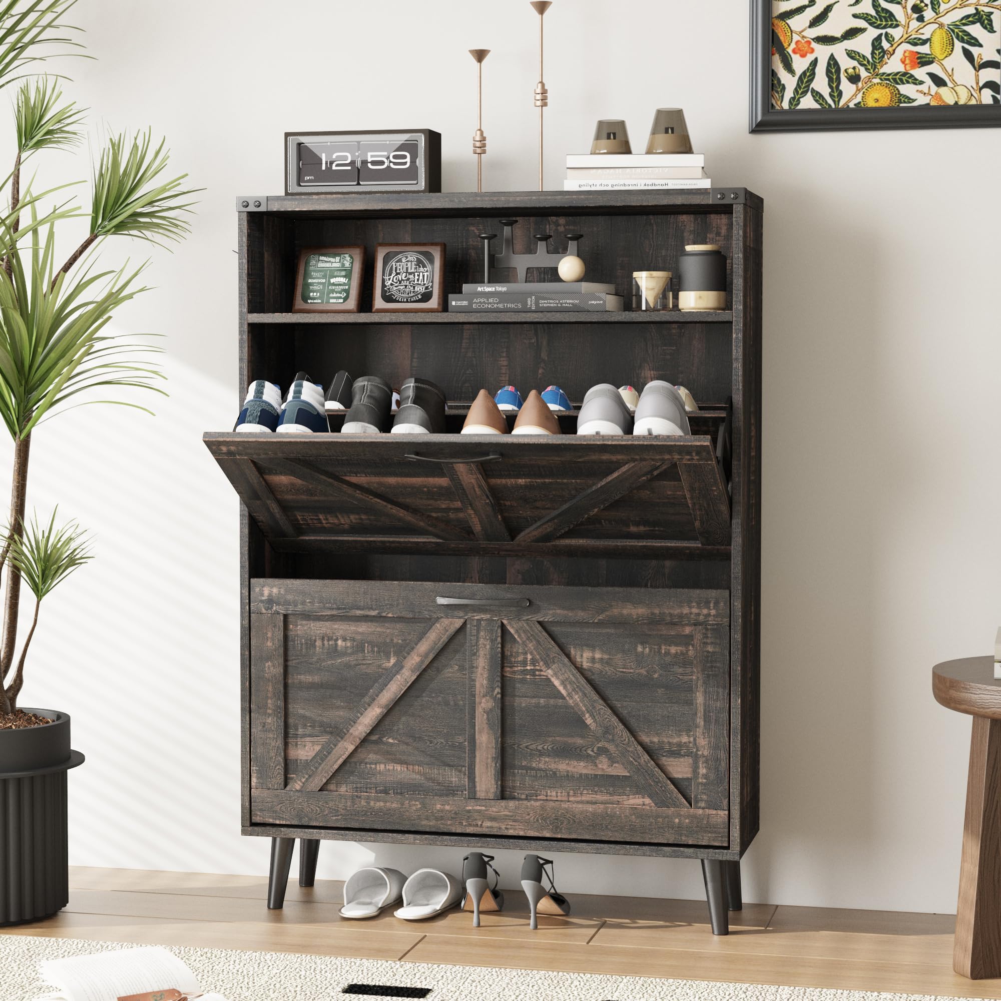 VEANERWOOD Shoe Cabinet with 2 Flip Drawers, Shoe Storage Cabinet for Entryway, Freestanding Shoe Cabinet Organizer with Open Storage, Narrow Farmhouse Shoe Rack with Legs, Brown