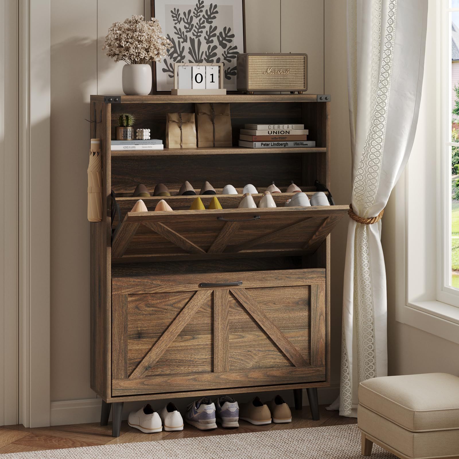 VEANERWOOD Shoe Cabinet with 2 Flip Drawers, Shoe Storage Cabinet for Entryway, Freestanding Shoe Cabinet Organizer with Open Storage, Narrow Farmhouse Shoe Rack with Legs, Brown