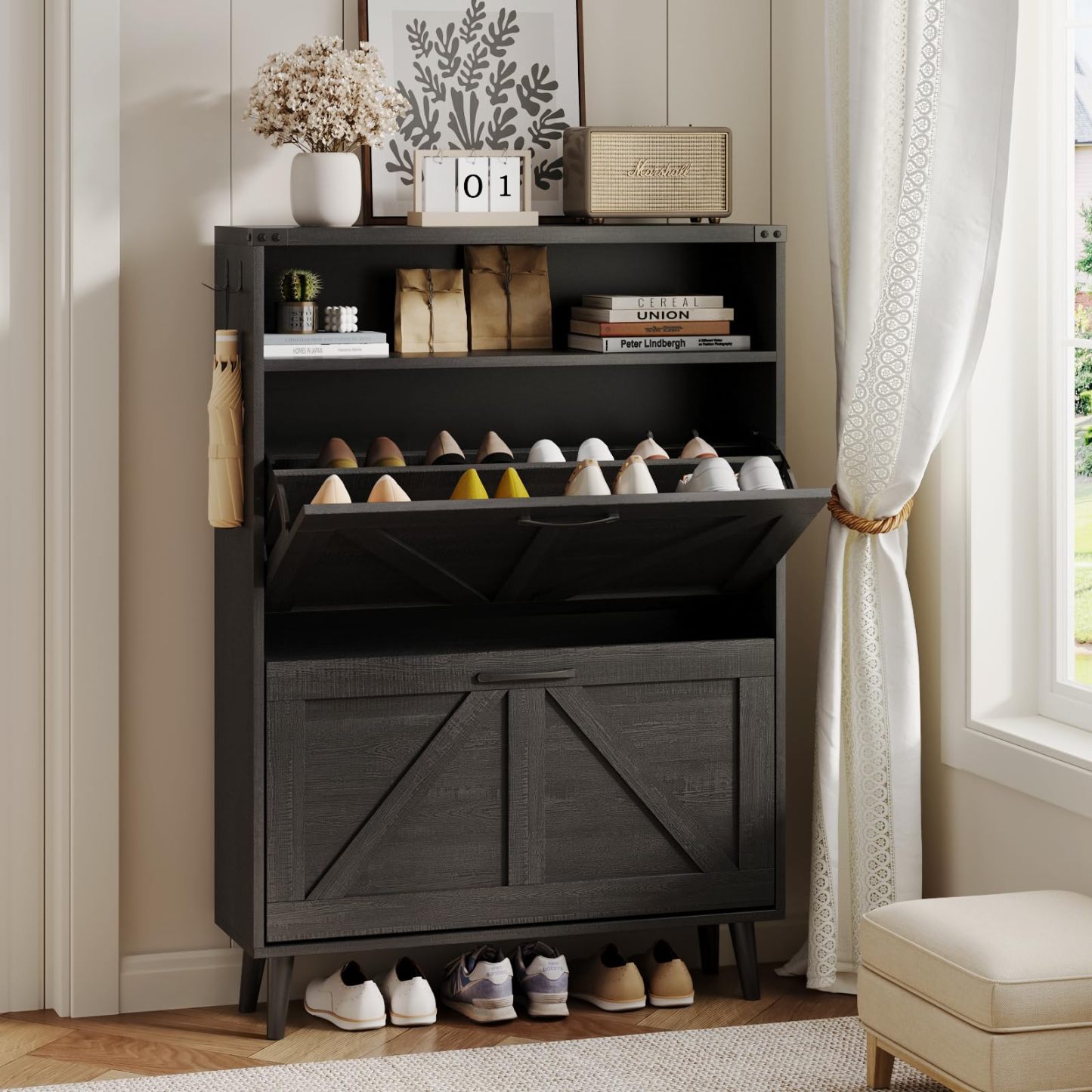 VEANERWOOD Shoe Cabinet with 2 Flip Drawers, Shoe Storage Cabinet for Entryway, Freestanding Shoe Cabinet Organizer with Open Storage, Narrow Farmhouse Shoe Rack with Legs, Brown