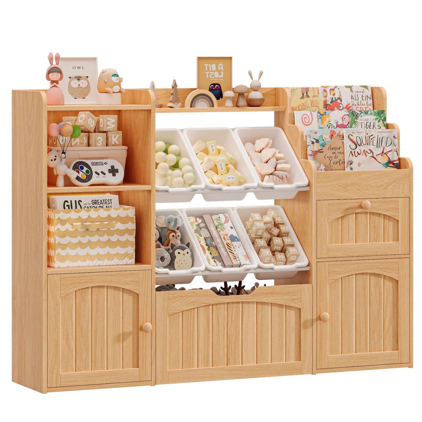 Veanerwood 55”Wood Kids Bookcase with 4-Tier Book Rack & 2 Storage Cabinets, Toy Storage Organizer with 6 Toy Bins & 2 Drawers, Natural Oak