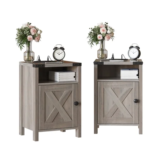 VEANERWOOD Nightstands Set of 2, Farmhouse End Tables with Charging Station, Bedside Tables, Rustic Gray