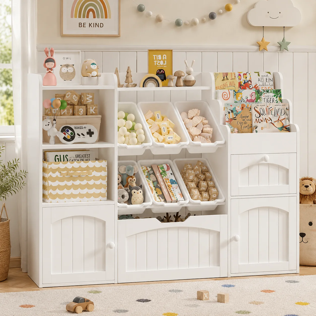 Veanerwood 55”Wood Kids Bookcase with 4-Tier Book Rack & 2 Storage Cabinets, Toy Storage Organizer with 6 Toy Bins & 2 Drawers, Natural Oak