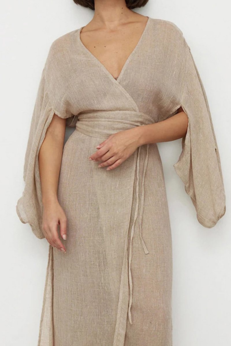 Irregular Slit Long Sleeve V Neck Knotted Waist Plain Maxi Kimono