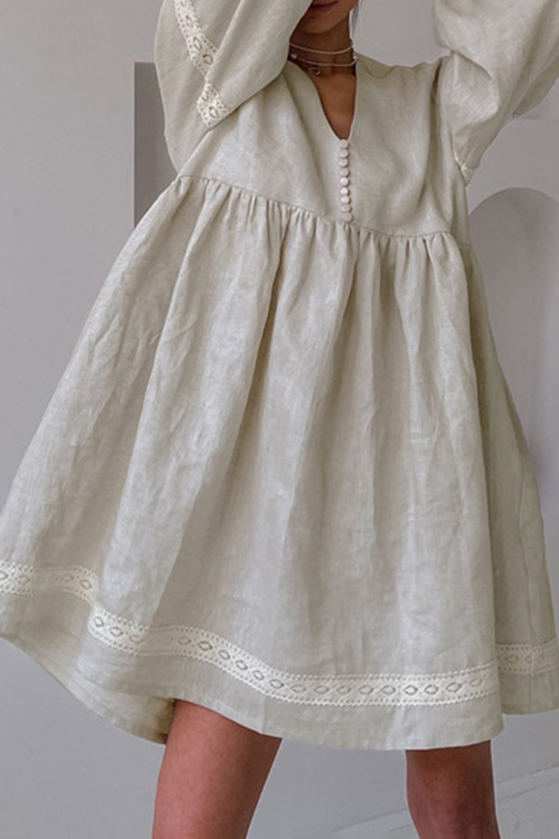 V Neck Lantern Long Sleeve Lace Patchwork Linen Mini Dresses