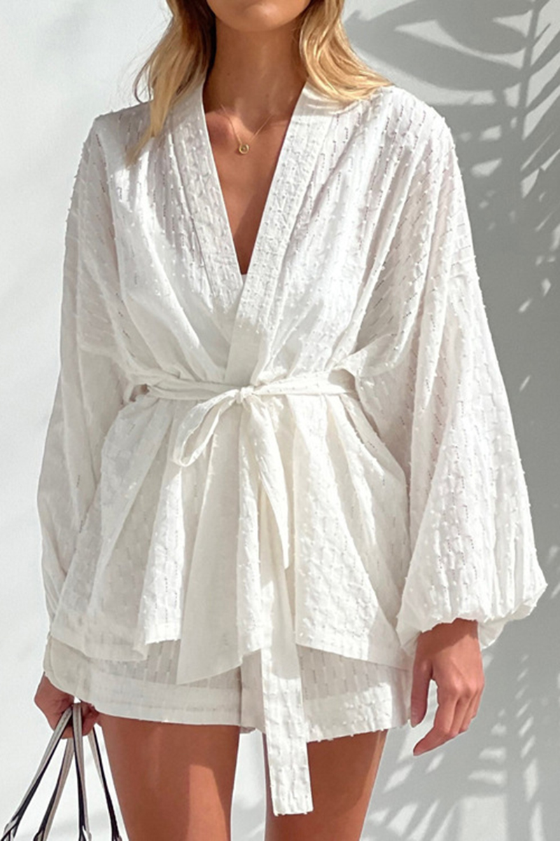 V Neck Lantern Long Sleeve Knotted Waist Kimono Jacquard Shorts Matching Set