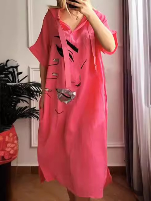 Women's Summer Casual Hooded Cotton and Linen Dress