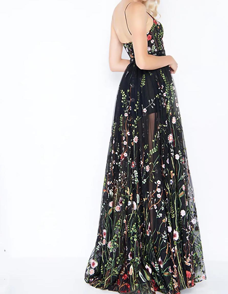 Black Floral Embroidered Tulle Maxi Dress