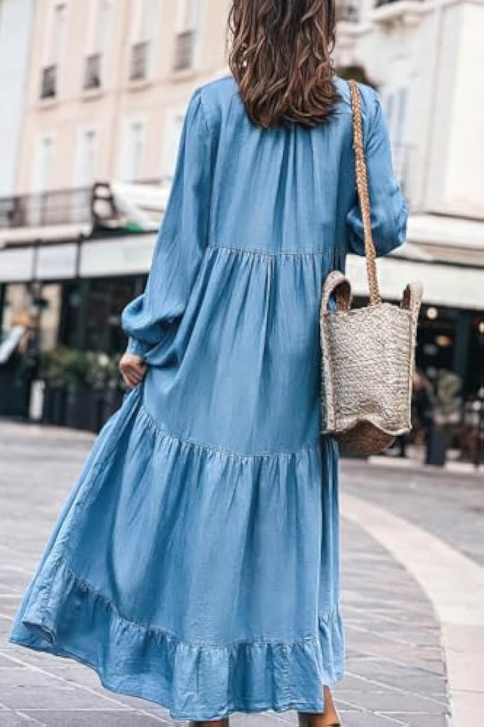 Women's Spring Long Sleeeve Tiered Denim Dress