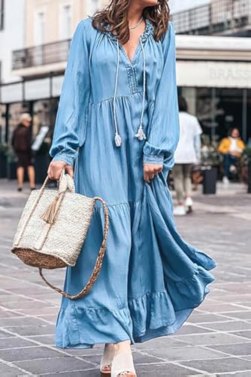 Women's Spring Long Sleeeve Tiered Denim Dress