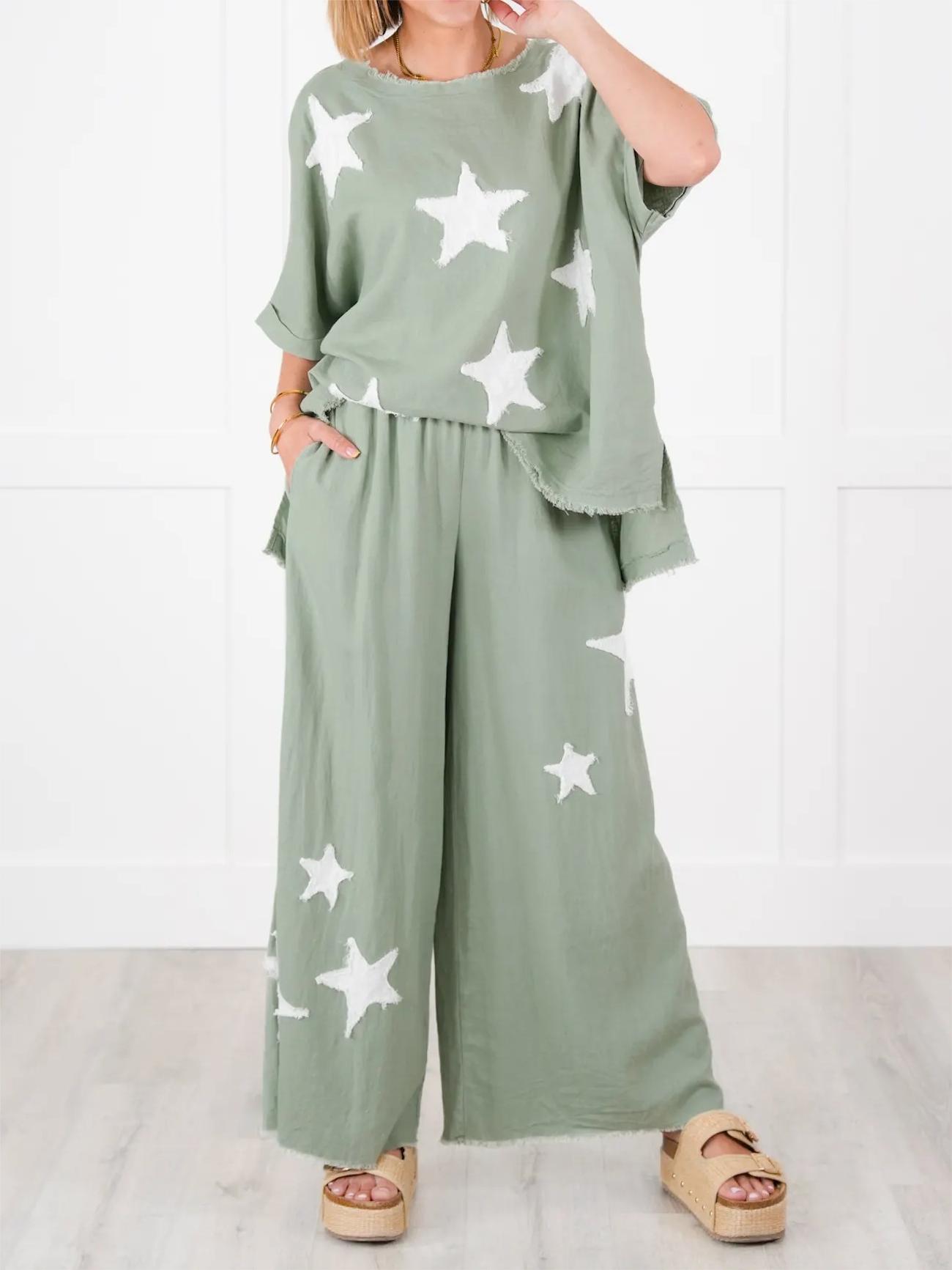 Women's Short Sleeve Top And Wide Leg Pant Set With Star Patch Detail(BUY 2 FREE SHIPPING)