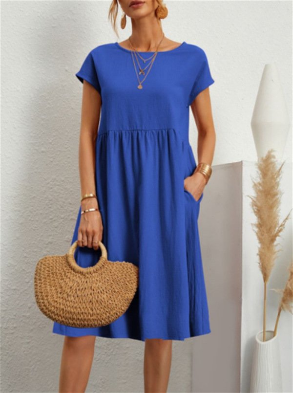 Women Short Sleeve Cotton And Linen Dress