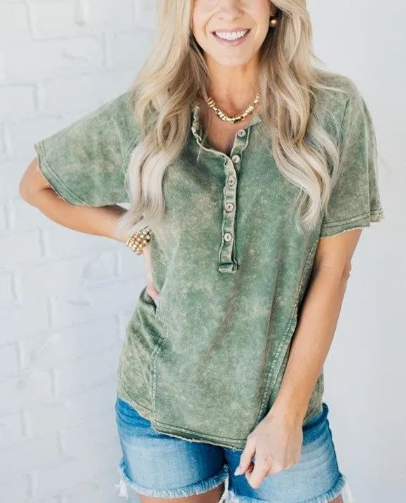 NEW WASHED BUTTON T-SHIRT (BUY 2 FREE SHIPPING)
