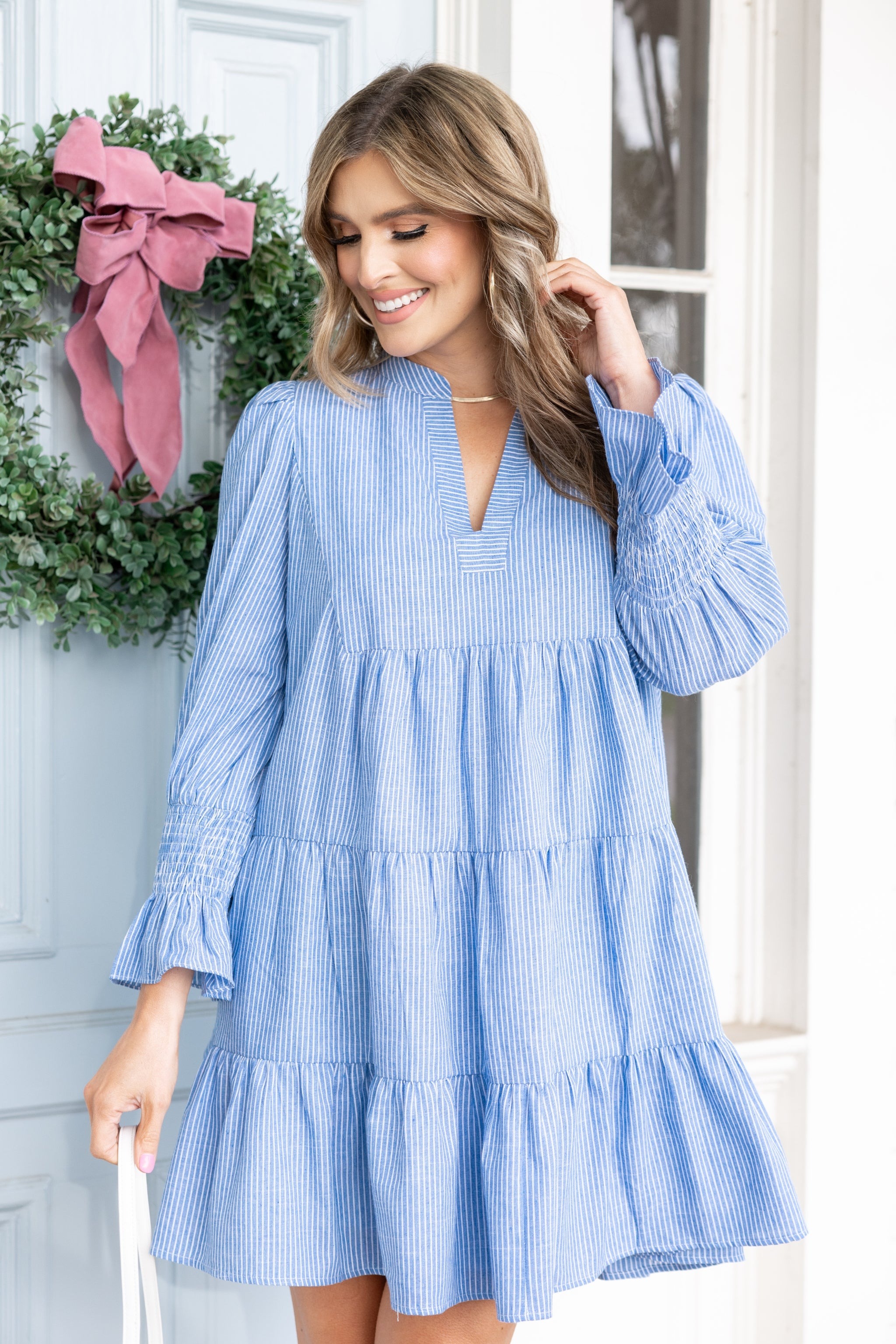 Women's Long Sleeve V Neck Stripe Smock Dress