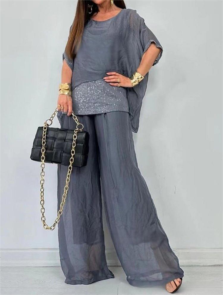 Sequined Short-Sleeved Trousers Suit