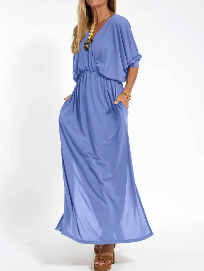 NEW🔥2024 WOMEN’S CASUAL SOLID COLOR HIGH WAIST SPLIT V-NECK DRESS (BUY 2 FREE SHIPPING)