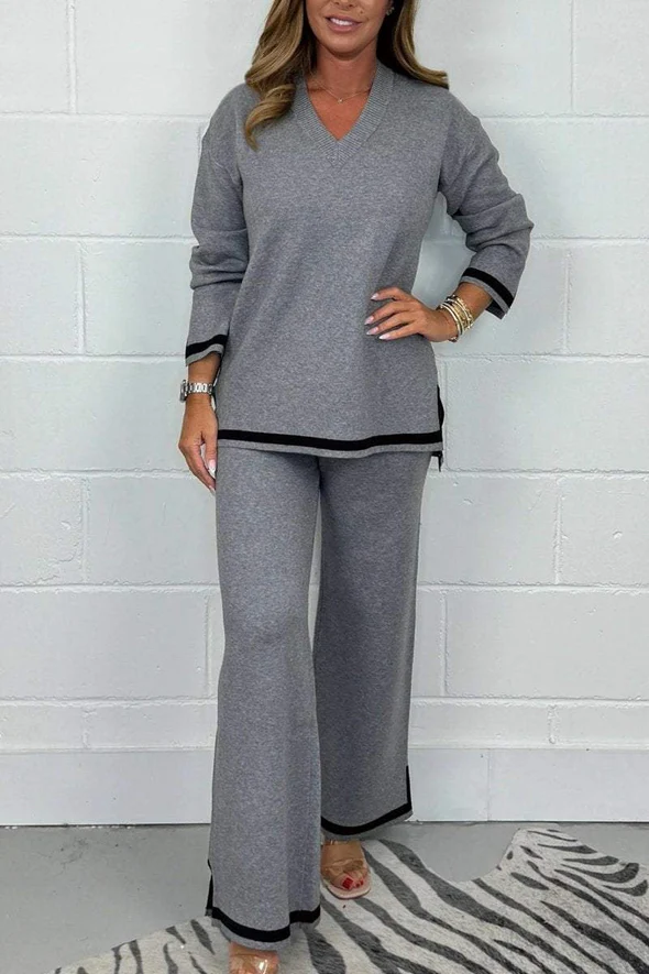Women's V-Neck Soft Knit Border Edge Trouser Set