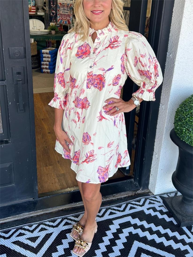Full Of Flowers Pleated Arm Dress (Buy 2 Free Shipping)