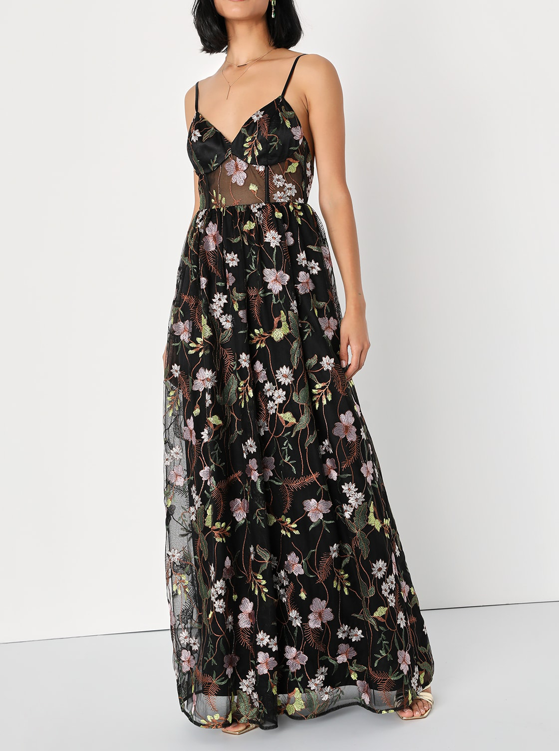 Black Floral Embroidered Tulle Maxi Dress