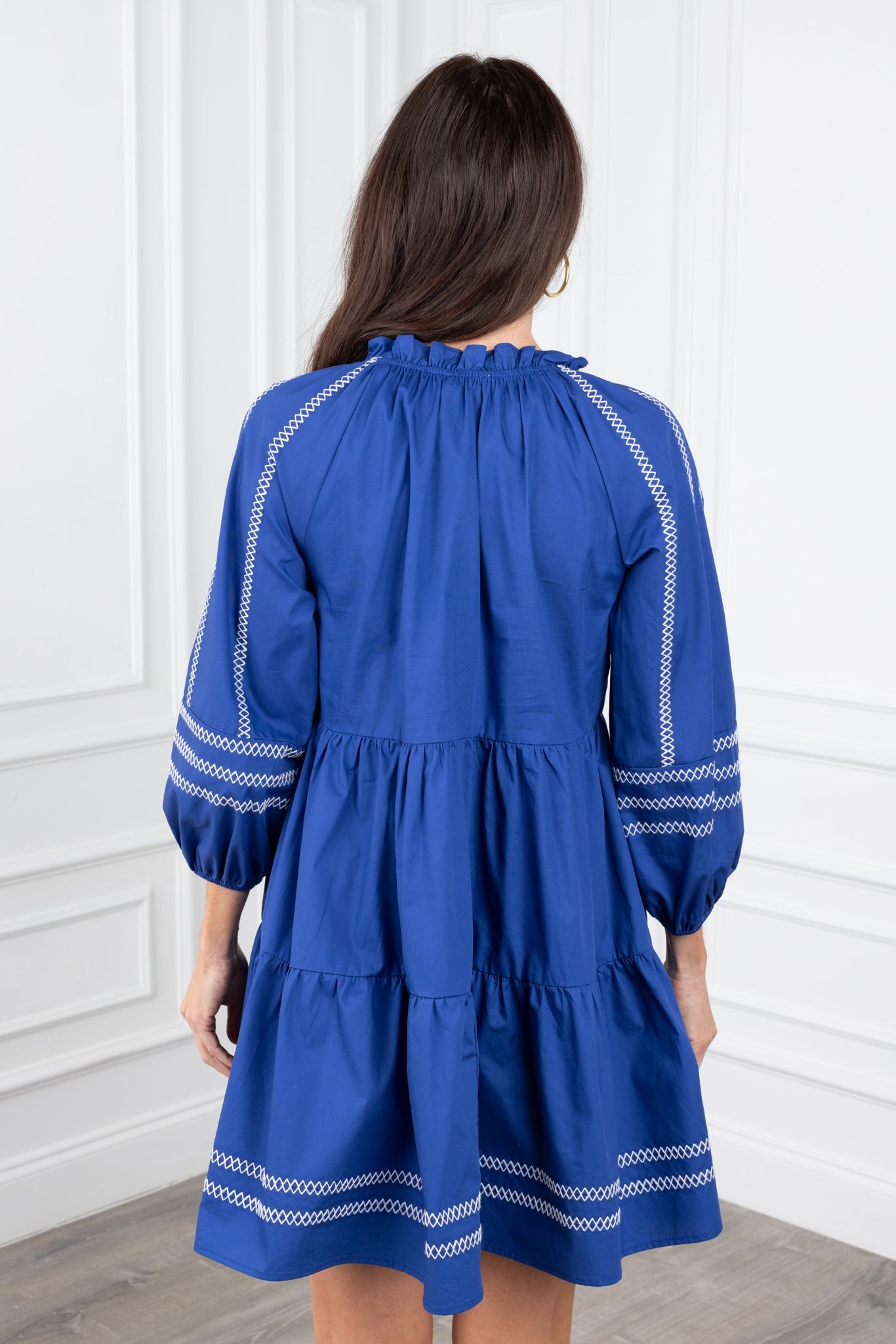 Women's Long Sleeve V Neck Solid Smock Dress