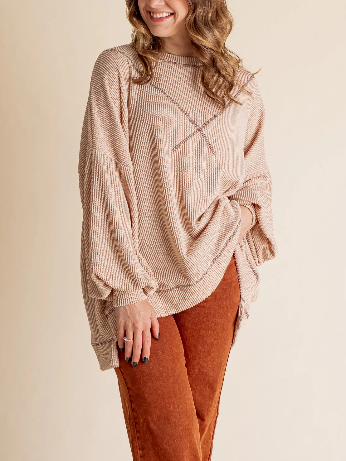 Women's Urban Puff Sleeve Ribbed Stitched Top (Buy 2 Free Shipping)