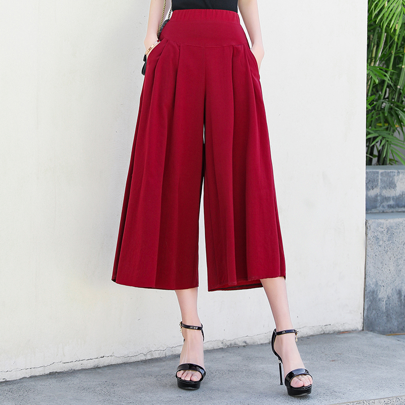 Elastic Waist Culottes Pants Burgundy