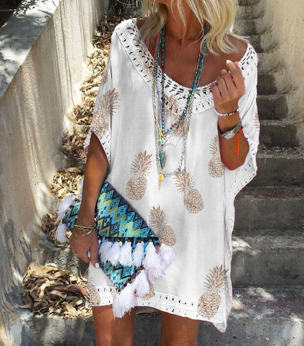 Women's V-Neck Lace Patchwork Floral Print Dress