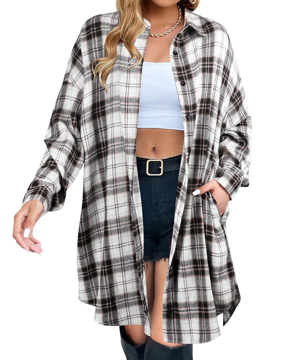 Women's Button Down Flannel Shirts Plaid Shacket  Collared Long Jacket Coats (BUY 2 FREE SHIPPING)