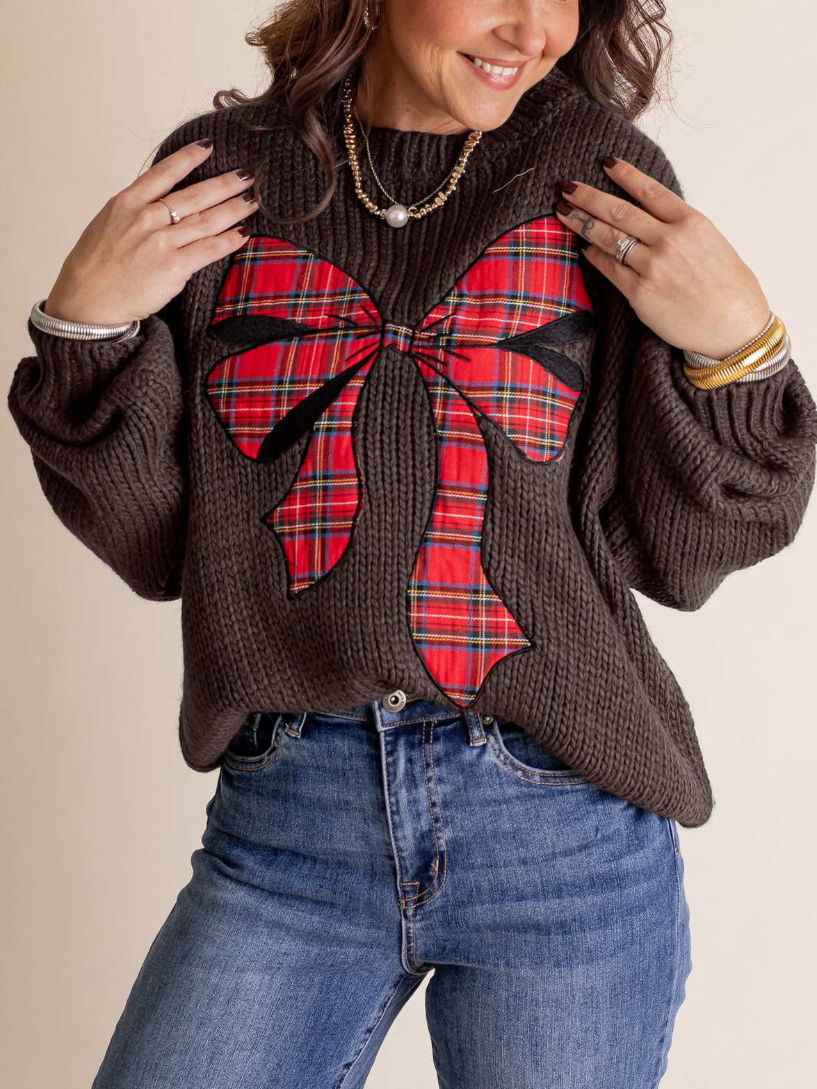 Pinch Me Christmas Plaid Bow Sweater (Buy 2 Free Shipping)