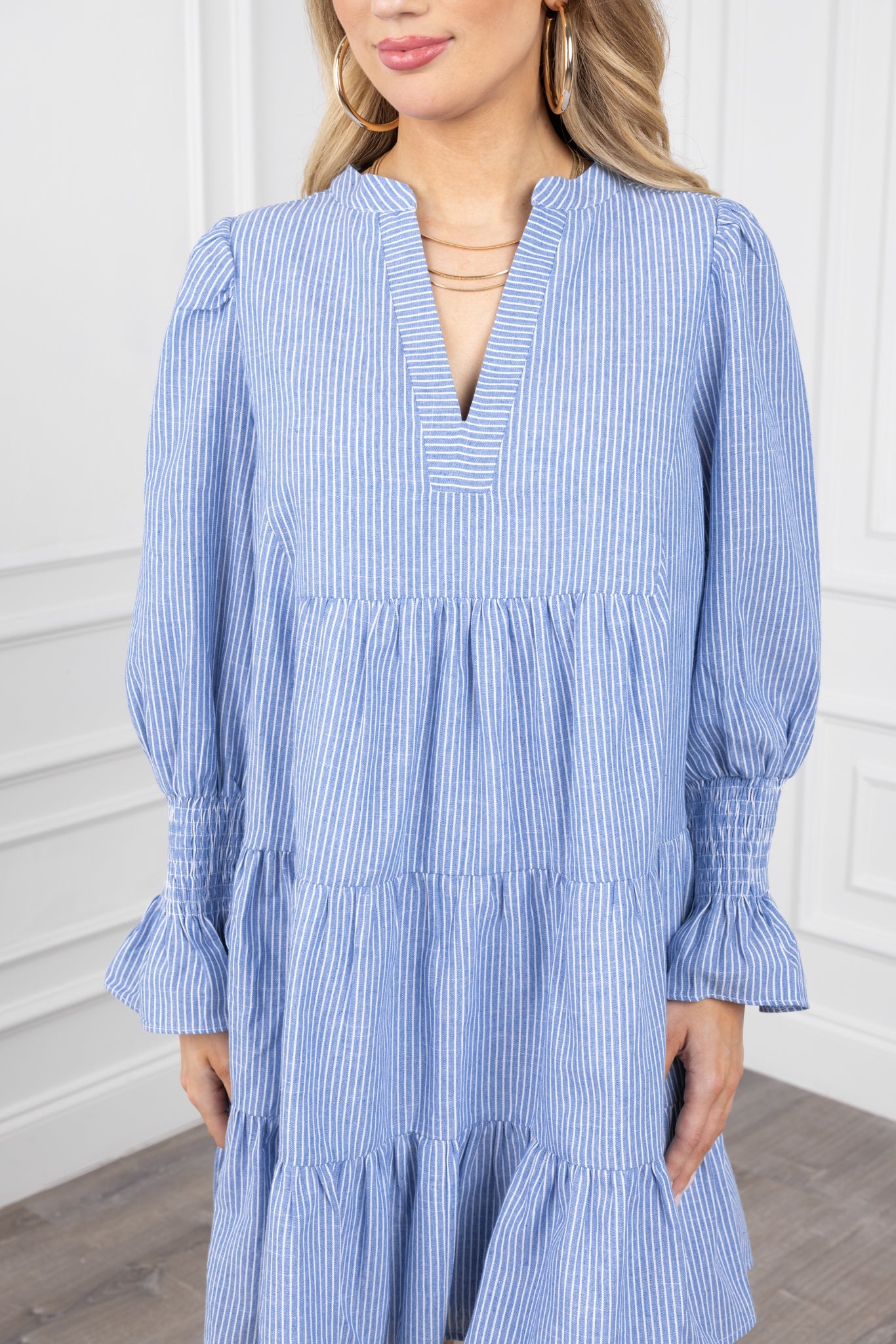 Women's Long Sleeve V Neck Stripe Smock Dress