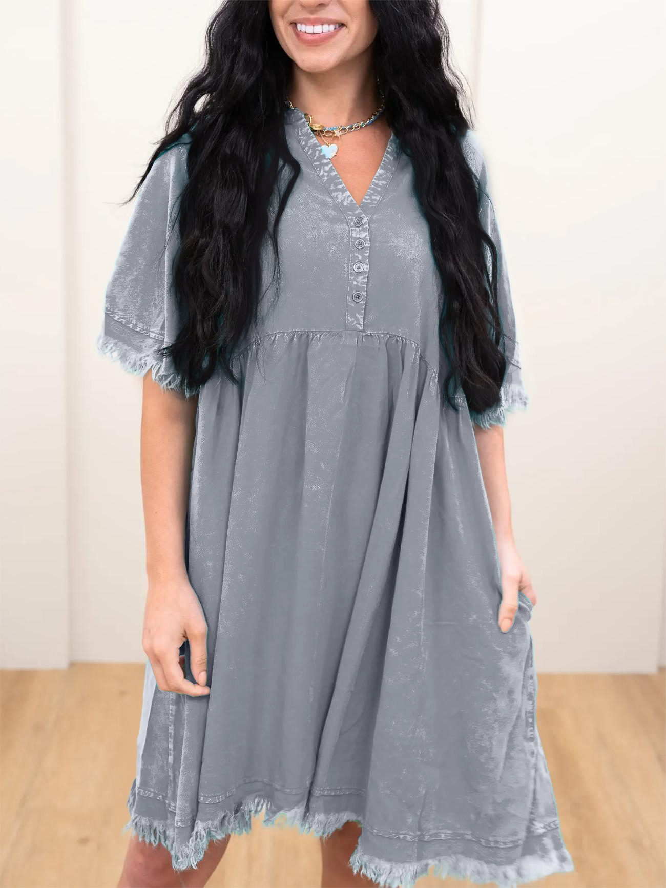 Women's Soft Raw Hem Casual Dress with Button Neck
