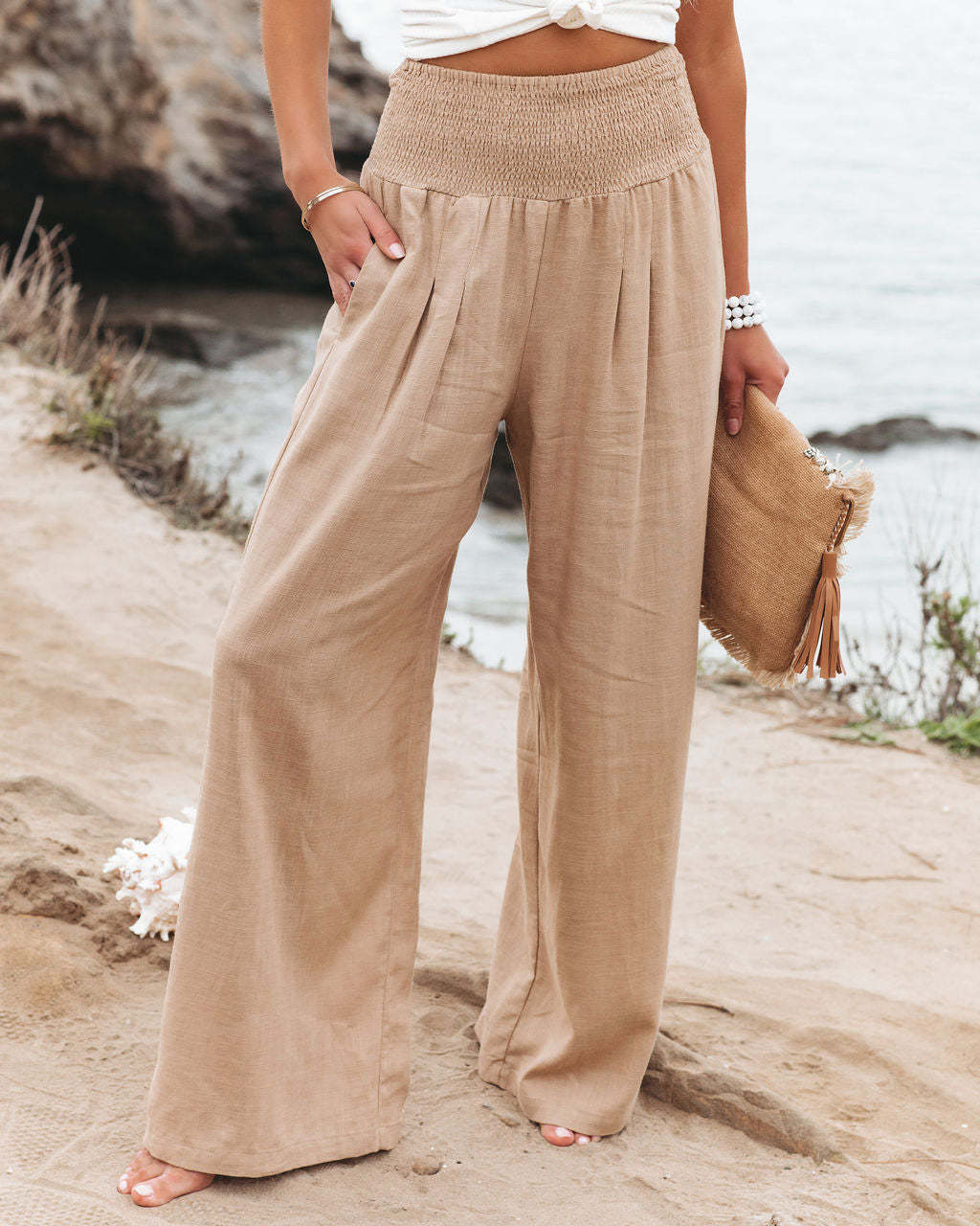Casual wide leg cotton and linen loose trousers
