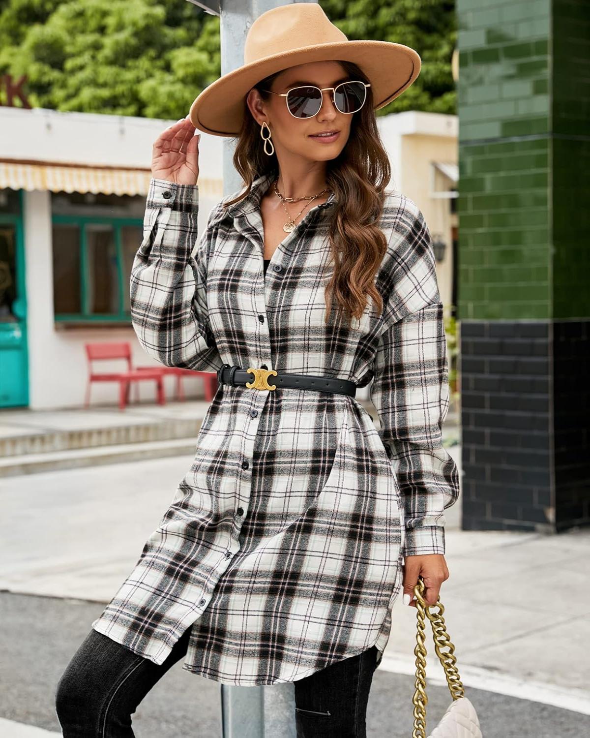 Women's Button Down Flannel Shirts Plaid Shacket  Collared Long Jacket Coats (BUY 2 FREE SHIPPING)