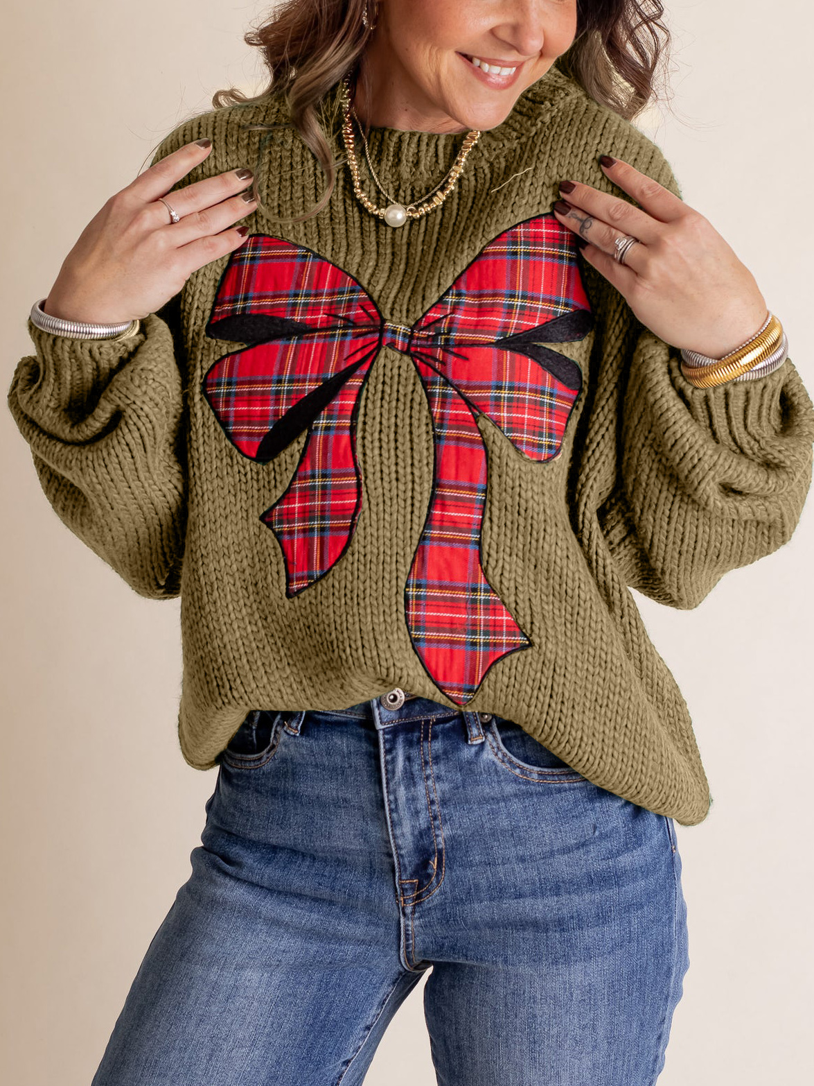 Pinch Me Christmas Plaid Bow Sweater (Buy 2 Free Shipping)
