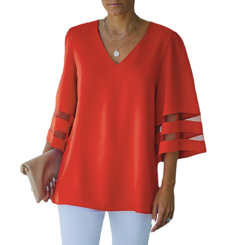 BLENCOT Womens 3/4 Bell Sleeve Fashion V Neck Lace Patchwork Blouse Casual Loose Shirt Tops