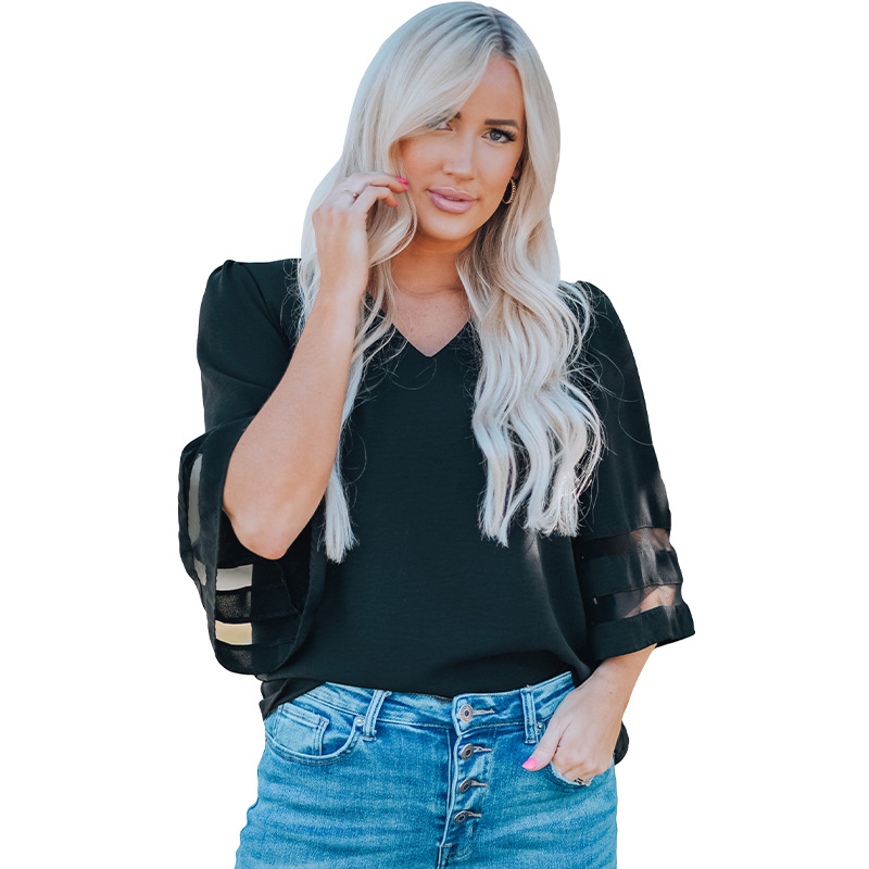 BLENCOT Womens 3/4 Bell Sleeve Fashion V Neck Lace Patchwork Blouse Casual Loose Shirt Tops