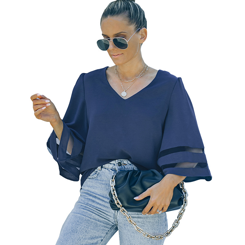 BLENCOT Womens 3/4 Bell Sleeve Fashion V Neck Lace Patchwork Blouse Casual Loose Shirt Tops