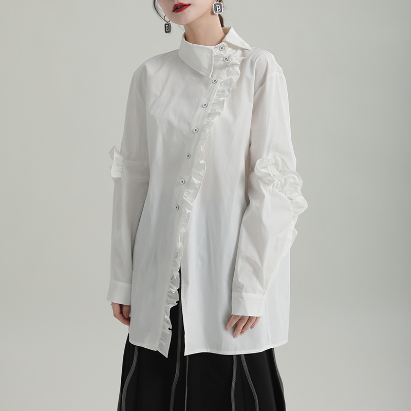 Long Shirt with Asymmetrical Neckline and Flounces.