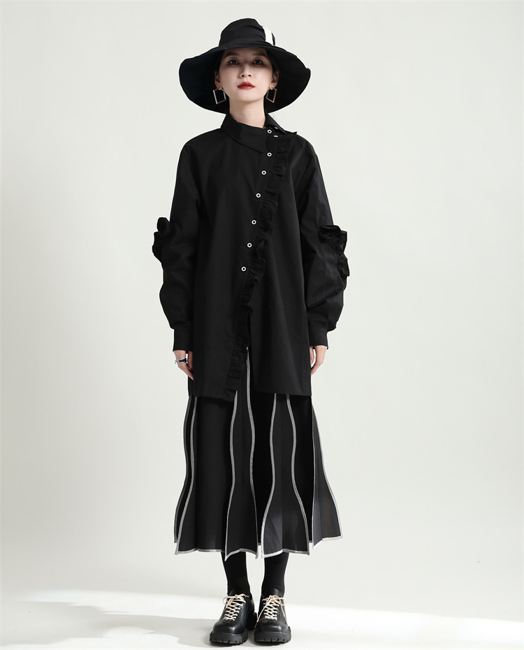 Long Shirt with Asymmetrical Neckline and Flounces.