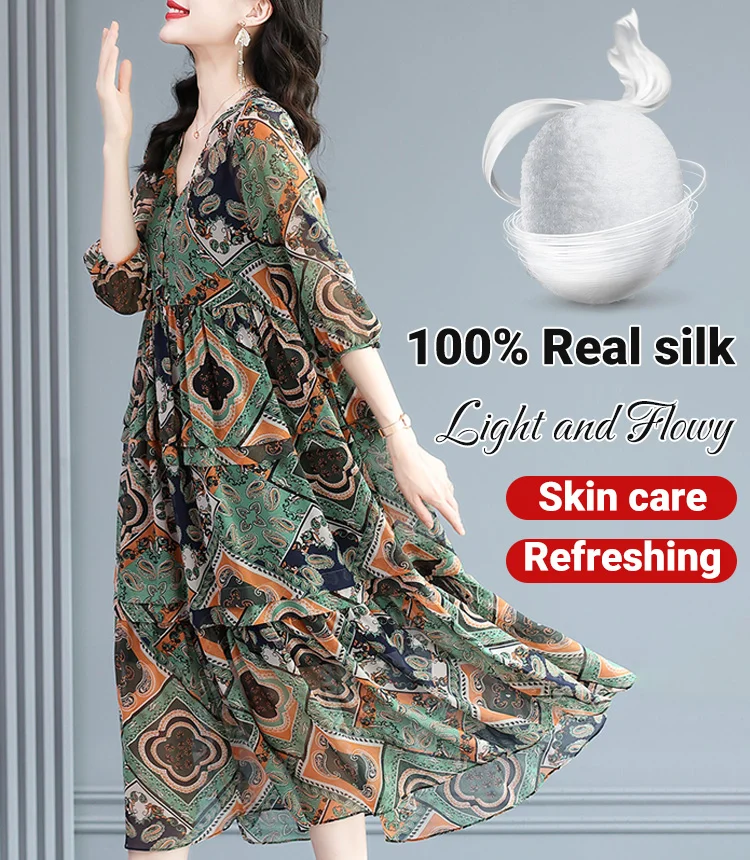 Ice Silk Retro Style Floral Dress