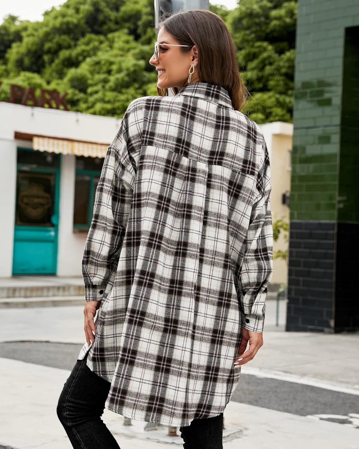 Women's Button Down Flannel Shirts Plaid Shacket  Collared Long Jacket Coats (BUY 2 FREE SHIPPING)